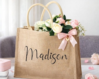 Personalisierte Sackleinen Taschen, Brautjungfer Sackleinen Strand Tragetasche, Brautjungfer Sackleinen Tote Geschenktaschen, Brautjungfer Vorschlag, Brautjungfer Geschenke Tasche