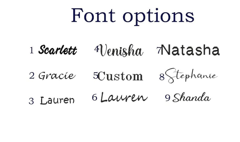 May include: A chart titled Font options displaying nine numbered text styles in black. The list includes the names Scarlett, Gracie, Lauren, Venisha, Custom, Lauren, Natasha, Stephanie, and Shanda, each rendered in a distinct typeface and font weight.