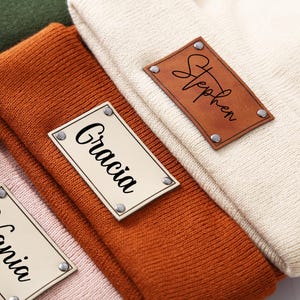Personalized Baby Beanie: Engraved Leather Patch, Knitted Newborn Hat