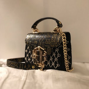 Egyptian Pattern Crochet/Black and Gold/Real Leather Bag/Crochet Bag/Handmade Bag/Women Bag/Small Bag/Crochet Purse/Real Leather Purse