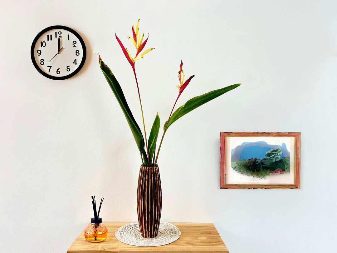 Small Wood Flower Vase Brown Verticalstriped Mango Wood Etsy
