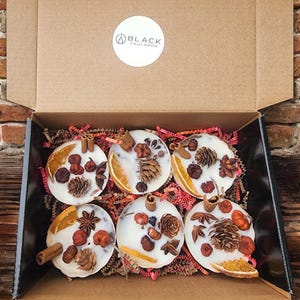 May include: A box filled with six small white wax melts, each with a different autumnal scent and design. The wax melts are decorated with dried orange slices, cinnamon sticks, pine cones, and other natural elements. The box is labeled "Black Cauldron".