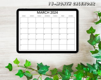 Black and White, 18-Month Calendar, Digital Download Calendar, Minimalist, 2023-2024 Monthly Calendar, Printable Calendar, PDF, Organizer