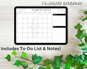 Floral, 18-Month Calendar, Digital Download Calendar, To-Do List, Notes, 2023-2024 Monthly Calendar, Printable Calendar, PDF, Organizer