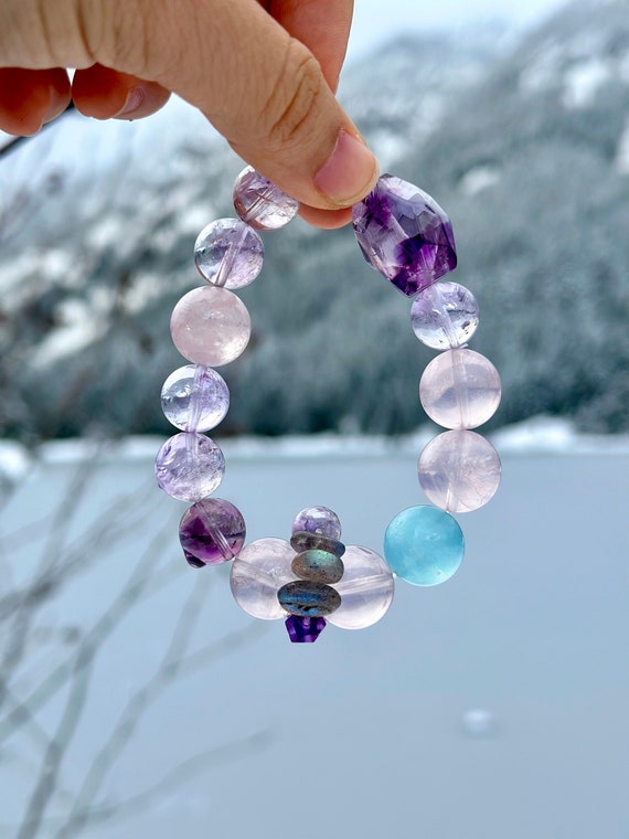 Amethyst/Rose Quartz/Phantom Quartz/Aquamarine, Beaded Gemstone Bracelet,  Yoga Mala Meditation Healing Bracelet, Gift Wrapping