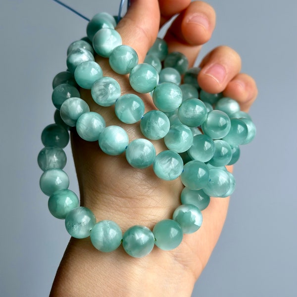 8-10mm, Baby Blue Tone! Rare Natural Green Moonstone Bracelet, Iridescent, Gift For Her, Gift For Him, Healing Bracelet, Meditation Bracelet