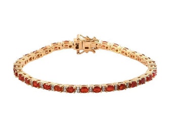 Mexican Cherry Fire Opal and White Zircon Tennis Bracelet in Vermeil Yellow Gold Over Sterling Silver, Fire Opal Bracelet, Gemstone Bracelet