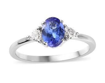 AAA Tanzanite Ring, Moissanite Accent Ring, Trilogy Ring, Three Stone Ring, 9K White Gold Ring, Promise Ring For Her, Gold Gift For Her