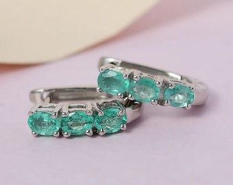 Emerald Huggie Hoop Earrings in Platinum Over Sterling Silver, Emerald Earring, Emerald Hoop Earring, Emerald Jewelry, Gift for Her