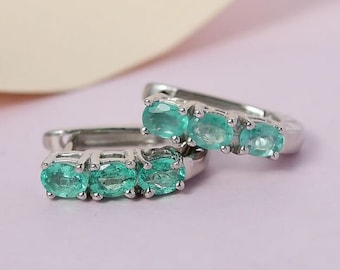Emerald Huggie Hoop Earrings in Platinum Over Sterling Silver, Emerald Earring, Emerald Hoop Earring, Emerald Jewelry, Gift for Her