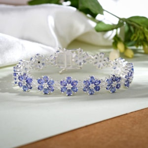 Natural Tanzanite Floral Bracelet in Platinum Over Sterling Silver, Tanzanite Tennis Bracelet, Tanzanite Bracelet, Gemstone Bracelet