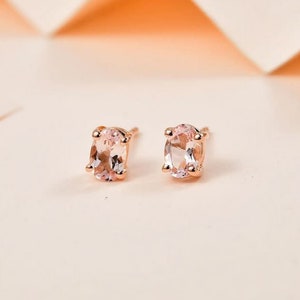 Morganite Solitaire Stud Earrings in Vermeil Rose Gold Over Sterling Silver, Morganite Earring, Morganite Stud, Gemstone Earring for Women