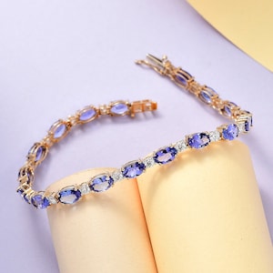 Tanzanite and Moissanite Tennis Bracelet in Yellow Gold Plated Sterling Silver, Tanzanite Tennis Bracelet, Tanzanite Bracelet, Gift for Her