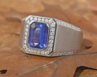 AAAA Tanzanite and Moissanite Men's Ring in Platinum Over Sterling Silver, Tanzanite Ring, Tanzanite Jewelry, Gemstone Ring, Gift for Her