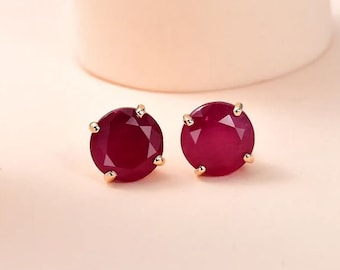 African Ruby Solitaire Earring in 14K Yellow Gold Plated Sterling Silver, Ruby Stud Earring, Ruby Jewelry, Gemstone Stud, July Birthstone