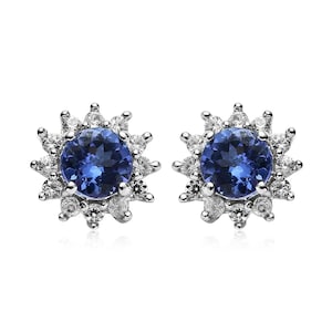 AAAA Tanzanite Moissanite Stud Earring in Sterling Silver, Tanzanite Stud, Tanzanite Earring, Halo Stud, Diamond Stud, Earring for Women
