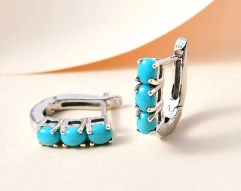 Pendientes de turquesa, aros de plata de ley, pendientes de plata de ley, pendientes de tres piedras, aros pequeños, pendientes de aro con bisagra para ella