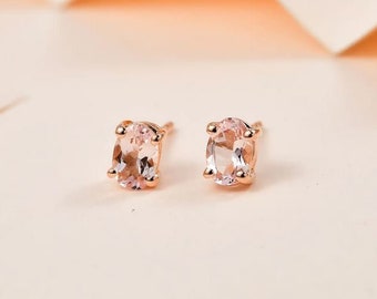 Premium Pink Morganite Solitaire Stud Earrings in Vermeil Rose Gold Over Sterling Silver, Morganite Stud, Morganite Earring for Women