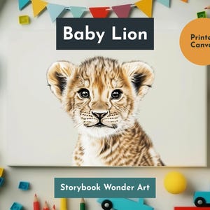Canvas Print, Baby Lion Portrait Drawing, Toycore Style, Beatrix Potter Inspired, Matte Wall Art, Stretched Animal Illustration, Mono-Ha