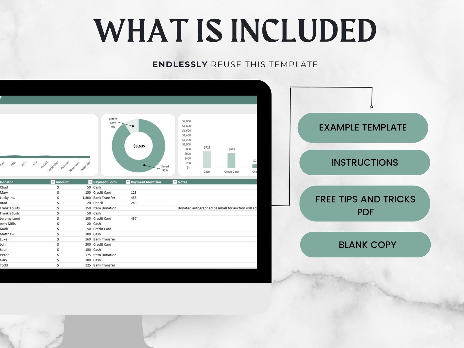 Fundraiser Tracker Spreadsheet, Donation Template, Non Profit Template