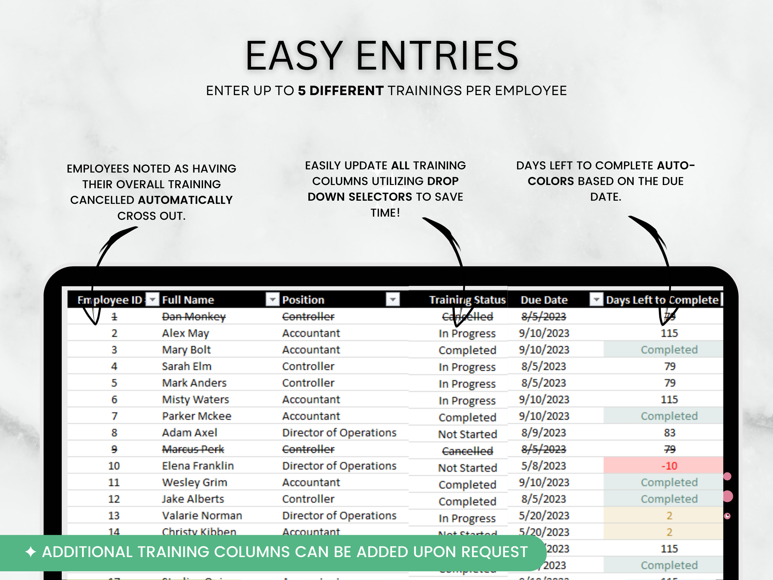 Employee Training Dashboard Spreadsheet, Human Resources Template