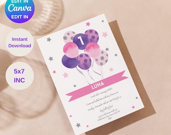 Pink Balloon | Birthday Invitation, Personalized Birthday Cards, Girl, Canva Template (Instant Download 5x7)