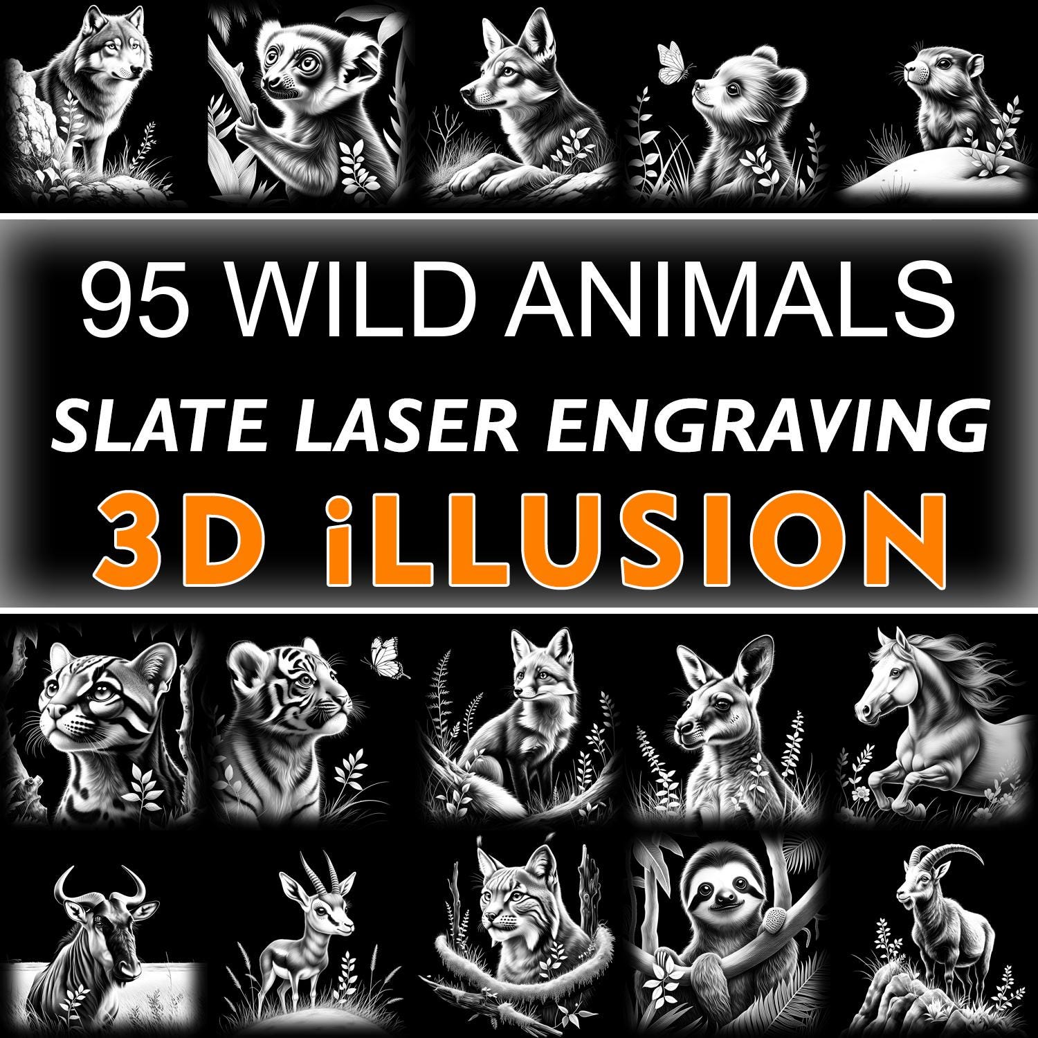 Bundle 95 Wild Animals, Slate Coaster Laser Engraving Files, 3D illusion | PNG Download, Home Decor #003