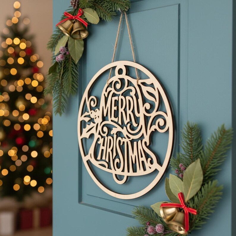Christmas SVG Bundle Laser Cut File, Merry Christmas Door Hanger, Round ...