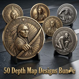 May include: A collection of five circular medallions featuring relief portraits of Indigenous figures, displayed on black stands. The designs include bronze and silver-toned finishes with intricate borders. The text 50 Depth Map Designs Bundle is visible at the bottom.