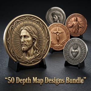 Könnte beinhalten: Eine Sammlung von fünf runden Metallmedaillons mit religiösen Motiven, darunter Porträts von Jesus, ein Kruzifix und ein heiliges Herz, auf schwarzen Ständern mit dem Text 50 Depth Map Designs Bundle darunter.