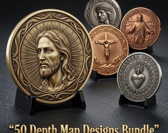 May include: A collection of five circular metallic medallions featuring religious imagery, including portraits of Jesus, a crucifix, and a sacred heart, displayed on black stands with the text 50 Depth Map Designs Bundle below.