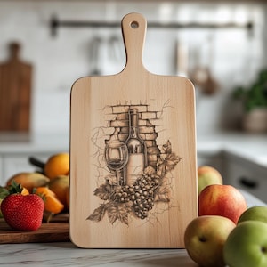 May include: A wooden cutting board with a hand-painted design of a wine bottle, a glass of wine, and grapes. The design is in black and white and is set against a brick wall background.