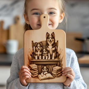 May include: Wooden cutting board with a decorative illustration of a family of dogs on a bench above a bookshelf. The board has a handle and is held by a person.