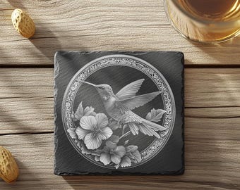 Plik do grawerowania laserowego podstawki łupkowej, iluzja 3D, koliber i kwiat | Pobieranie obrazu PNG | Wystrój domu, Lightburn, plik Glowforge nr 007