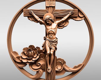 May include: A detailed, brown wooden carving of Jesus on the cross, framed within a circular border. The cross features the inscription INRI. Decorative elements include stylized clouds and a large flower.
