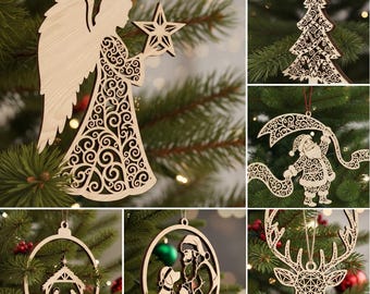 クリスマスSVGバンドルレーザーカットファイル、クリスマスオーナメントデザイン8点、ツリーデコレーションセット、デジタルダウンロード