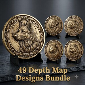 Puede incluir: Una colección de cinco medallones circulares en tonos bronce con retratos en relieve de perros y gatos, cada uno sobre un soporte negro. El medallón más grande tiene la inscripción K-9. El texto 49 Depth Map Designs Bundle es visible.