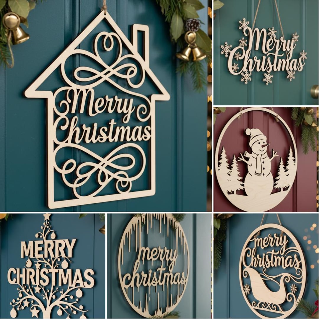 Christmas Door Hanger SVG Bundle, 6 Round Christmas Sign Laser Cut ...