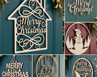 Christmas Door Hanger SVG Bundle, 6 Round Christmas Sign Laser Cut Files for Glowforge