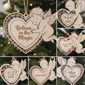 Christmas Ornaments Laser Cut Files, 6 Angel SVG Designs Bundle, Custom Holiday Decor