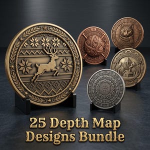 May include: A collection of five circular medallions displayed on black stands. The largest gold-toned medallion features a reindeer and snowflake pattern. Other medallions include a yarn ball, a cat, a mountain cabin, and a snowflake design.