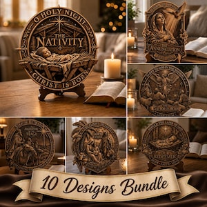 Puede incluir: Una colección de placas de madera talladas intrincadamente que representan escenas de la Natividad. Cada placa presenta imágenes religiosas, incluyendo la escena de la Natividad, la Anunciación y la adoración de los Reyes Magos. Las placas se exhiben sobre soportes de madera.