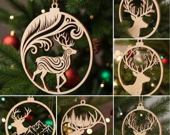Christmas SVG Bundle Laser Cut Ornaments, 6 Reindeer Designs, Xmas Holiday Ornament Files