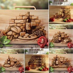 Può includere: Tagliere in legno con manico, con un design a tema vino. L'opera d'arte comprende una bottiglia di vino, un bicchiere di vino rosso, uva, pane, formaggio e un pomodoro. Lo sfondo ha un design a muro di mattoni.