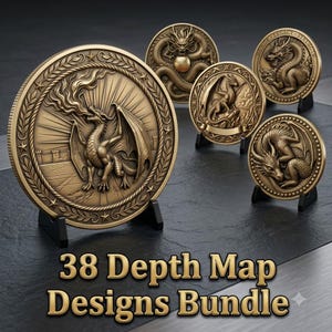May include: A collection of five circular bronze-toned medallions featuring intricate dragon relief designs, displayed on small black stands. The text 38 Depth Map Designs Bundle is printed in gold lettering at the bottom of the image.