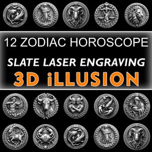 Pakiet 12 Horoskop zodiaku, iluzja 3D, pliki do grawerowania laserowego podstawek łupkowych | Pobieranie PNG, wystrój domu #001