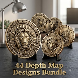 Könnte beinhalten: Eine Sammlung kreisförmiger bronzefarbener Medaillons mit Reliefs von Löwe, Adler, Bär, Wolf und Tiger, die jeweils auf einem schwarzen Ständer stehen. Der Text 44 Depth Map Designs Bundle ist unten im Bild in Gold aufgedruckt.