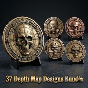 May include: A collection of five circular metallic medallions featuring detailed skull designs, each displayed on a small black stand. The largest medallion shows a skull with crosshairs, while others depict skulls with gas masks, snakes, and knives.