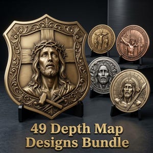 Könnte beinhalten: Eine Sammlung von fünf Reliefplatten mit religiösen Darstellungen von Jesus, darunter eine große schildförmige Platte und vier runde Medaillons in Bronze-, Kupfer- und Silbertönen, mit dem Text 49 Depth Map Designs Bundle.