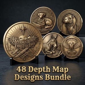 Puede incluir: Una colección de cinco placas circulares en relieve de tono bronce con tallas detalladas de un perro, un camello, un burro, un búho y una pieza central con el texto A SAVIOR IS BORN CHRIST THE LORD. El texto 48 Depth Map Designs Bundle aparece en la parte inferior.